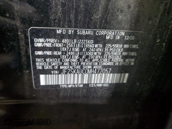 2021 Subaru Forester Limited with VIN JF2SKAUC0MH472057, listed as a Copart auction lot 60138505 with 67,333 mi miles and Salvage title. Bid and sale history available at DreamBid. Image 12.