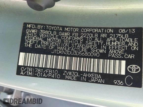 2013 Toyota Prius One with VIN JTDKN3DU3D5680090, listed as a IAAI auction lot 41794589 with 132,328 mi miles. Bid and sale history available at carsss.com. Image 9.