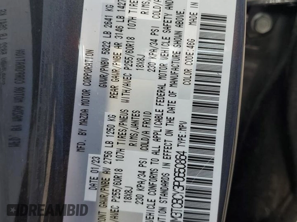 2023 Mazda CX-9 Touring with VIN JM3TCBCY3P0650864, listed as a Copart auction lot 51098265 with 20,101 mi miles and Salvage title. Bid and sale history available at DreamBid. Image 13.