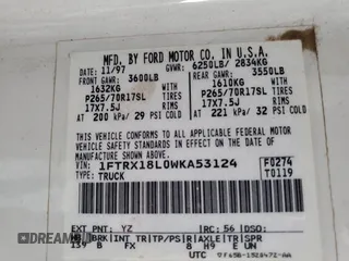 1998 Ford F-150 с VIN 1FTRX18L0WKA53124, выставлен на аукционе Copart как лот 66466945 с пробегом 252 908 миль миль и Чистый • Clean title. История ставок и продаж доступна на DreamBid. Изображение 12.