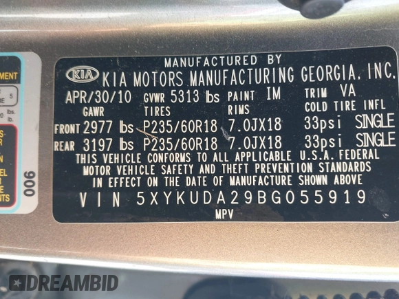 2011 Kia Sorento EX with VIN 5XYKUDA29BG055919, listed as a IAAI auction lot 42105406 with 146,302 mi miles. Bid and sale history available at carsss.com. Image 9.
