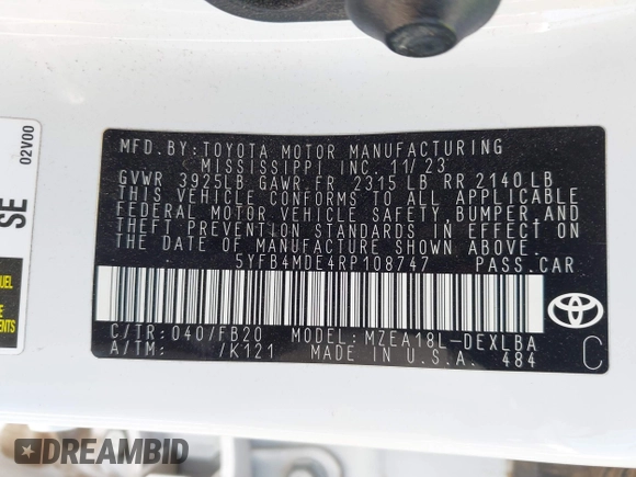 2024 Toyota Corolla LE with VIN 5YFB4MDE4RP108747, listed as a IAAI auction lot 42179917 with 32,182 mi miles and . Bid and sale history available at DreamBid. Image 9.