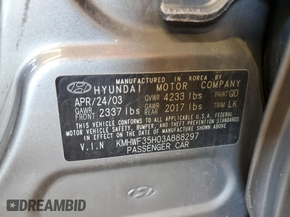 2003 Hyundai Sonata GLS with VIN KMHWF35H03A888297, listed as a Copart auction lot 73147704 with 150,672 mi miles and Non Repairable. Bid and sale history available at carsss.com. Image 12.