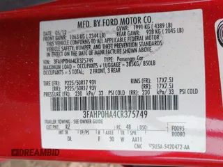 2012 Ford Fusion SE with VIN 3FAHP0HA4CR375749, listed as a IAAI auction lot 42502352 with Not provided miles and . Bid and sale history available at DreamBid. Image 9.
