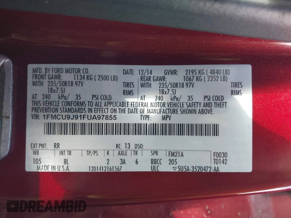 2015 Ford Escape Titanium with VIN 1FMCU9J91FUA97855, listed as a IAAI auction lot 41689650 with 125,487 mi miles. Bid and sale history available at carsss.com. Image 9.