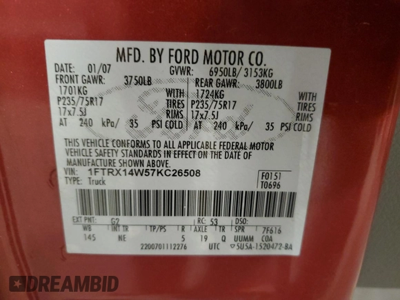 2007 Ford F-150 STX with VIN 1FTRX14W57KC26508, listed as a Copart auction lot 89247975 with 118,011 mi miles and Salvage Title. Bid and sale history available at carsss.com. Image 12.