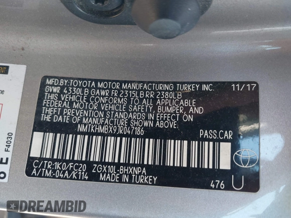 2018 Toyota C-HR XLE with VIN NMTKHMBX9JR047186, listed as a IAAI auction lot 41832739 with 78,120 mi miles. Bid and sale history available at carsss.com. Image 9.