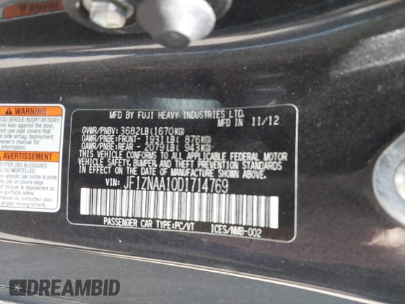 2013 Scion FR-S with VIN JF1ZNAA10D1714769, listed as a IAAI auction lot 42219883 with Not Provided miles and . Bid and sale history available at DreamBid. Image 9.