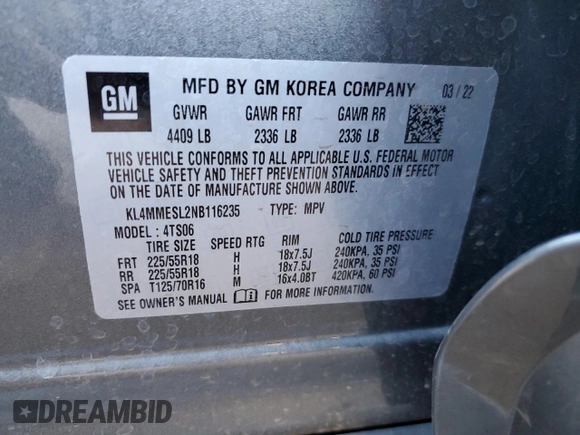 2022 Buick Encore GX Select with VIN KL4MMESL2NB116235, listed as a Copart auction lot 75438574 with 22,253 mi miles and Salvage title. Bid and sale history available at DreamBid. Image 13.