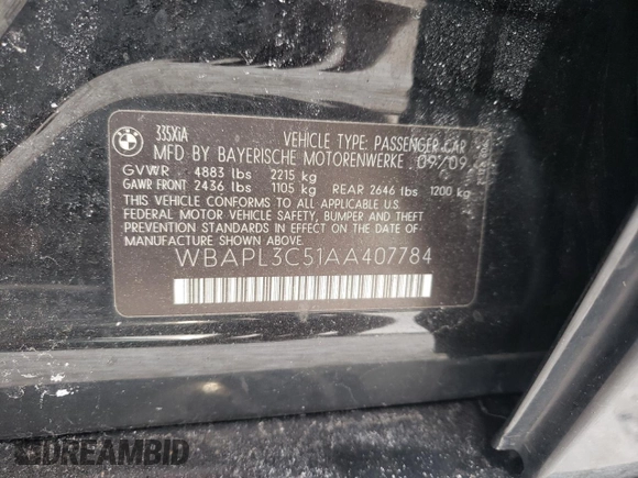 2010 BMW 3 Series 335i xDrive with VIN WBAPL3C51AA407784, listed as a Copart auction lot 59004125 with 211,708 mi miles and Non repairable. Bid and sale history available at DreamBid. Image 12.