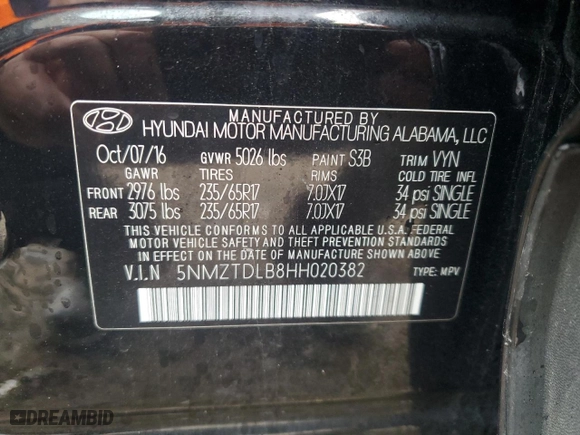 2017 Hyundai Santa Fe Sport 2.4L with VIN 5NMZTDLB8HH020382, listed as a Copart auction lot 47178115 with 91,367 mi miles and Salvage Title. Bid and sale history available at carsss.com. Image 16.