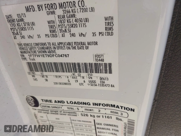 2013 Ford F-150 XL с VIN 1FTFW1ET9DFC04767, выставлен на аукционе IAAI как лот 42670349 с пробегом Не указан миль и . История ставок и продаж доступна на DreamBid. Изображение 9.