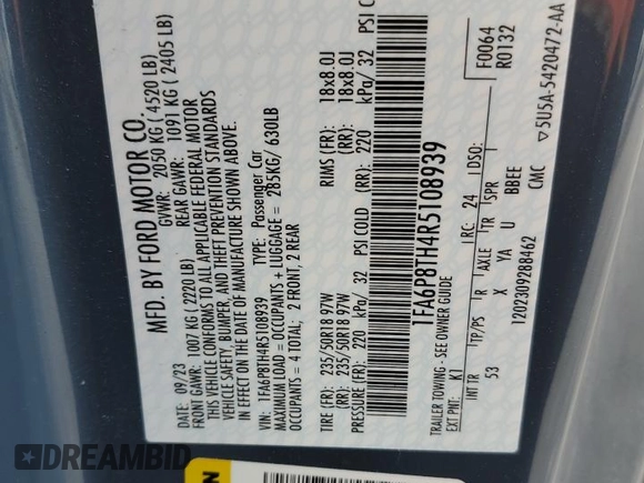 2024 Ford Mustang EcoBoost with VIN 1FA6P8TH4R5108939, listed as a Copart auction lot 53738545 with 7,403 mi miles and Salvage Title. Bid and sale history available at DreamBid. Image 12.