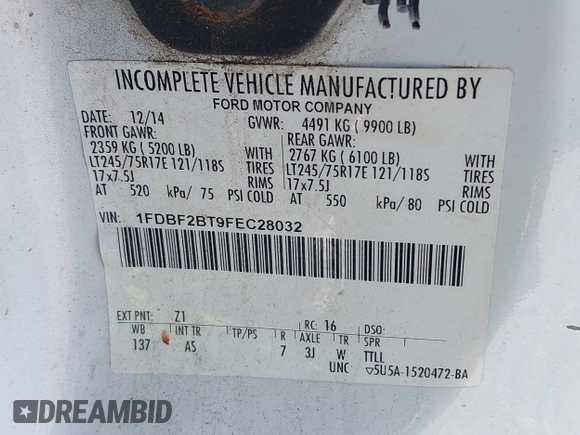 2015 Ford F-250 with VIN 1FDBF2BT9FEC28032, listed as a IAAI auction lot 42014954 with 342,615 mi miles and . Bid and sale history available at DreamBid. Image 9.