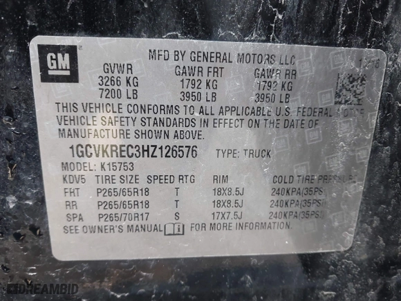 2017 Chevrolet Silverado 1500 LT with VIN 1GCVKREC3HZ126576, listed as a IAAI auction lot 41477637 with 124,670 mi miles. Bid and sale history available at carsss.com. Image 9.