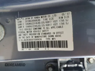 2007 Honda CR-V EX with VIN JHLRE48587C089036, listed as a Copart auction lot 59877015 with 143,329 mi miles and Salvage title. Bid and sale history available at DreamBid. Image 14.