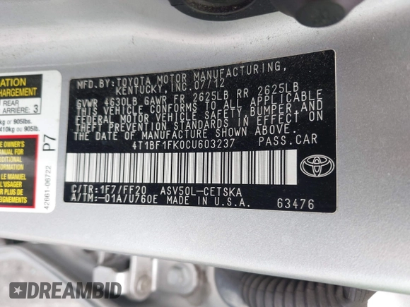 2012 Toyota Camry L with VIN 4T1BF1FK0CU603237, listed as a IAAI auction lot 42020795 with 90,088 mi miles. Bid and sale history available at carsss.com. Image 9.