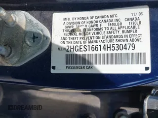 2004 Honda Civic LX with VIN 2HGES16614H530479, listed as a IAAI auction lot 42142030 with 145,577 mi miles. Bid and sale history available at carsss.com. Image 9.