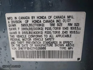 2007 Honda Pilot EX with VIN 2HKYF18437H528868, listed as a IAAI auction lot 41762030 with 203,212 mi miles. Bid and sale history available at carsss.com. Image 9.