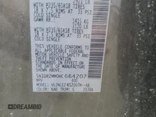 2017 Nissan Pathfinder Platinum с VIN 5N1DR2MM0HC664207, выставлен на аукционе Copart как лот 51535735 с пробегом 145 179 миль миль и Чистый • Clean title. История ставок и продаж доступна на DreamBid. Изображение 13.