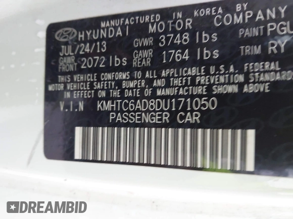 2013 Hyundai Veloster w/Gray Int with VIN KMHTC6AD8DU171050, listed as a IAAI auction lot 41992468 with 186,714 mi miles and . Bid and sale history available at DreamBid. Image 9.
