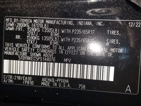 2023 Toyota Sienna XLE z VIN 5TDYRKEC5PS148076, wystawiony jako IAAI lot #42154673 z przebiegiem 169 197 mil mil oraz . Historia ofert i sprzedaży dostępna na DreamBid. Obrazek 9.