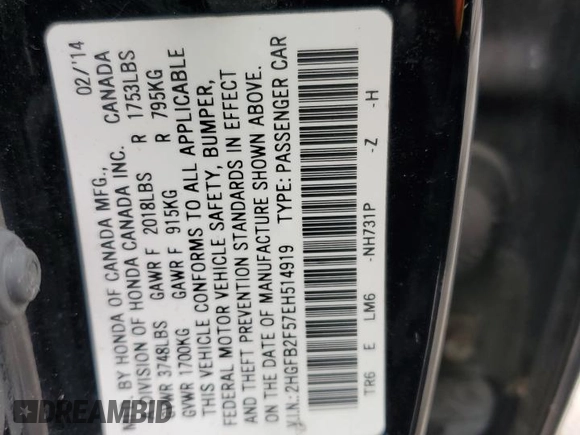2014 Honda Civic Sedan LX with VIN 2HGFB2F57EH514919, listed as a Copart auction lot 52821645 with 179,571 mi miles and Salvage Title. Bid and sale history available at carsss.com. Image 13.