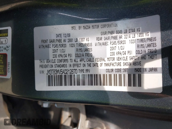 2010 Mazda CX-9 Touring with VIN JM3TB3MV5A0212870, listed as a IAAI auction lot 42512166 with 171,009 mi miles and . Bid and sale history available at DreamBid. Image 9.