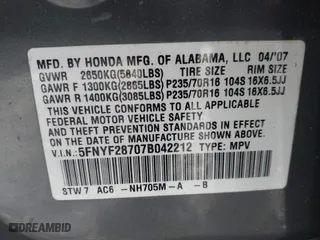 2007 Honda Pilot EX-L with VIN 5FNYF28707B042212, listed as a IAAI auction lot 41478485 with 182,849 mi miles. Bid and sale history available at carsss.com. Image 9.