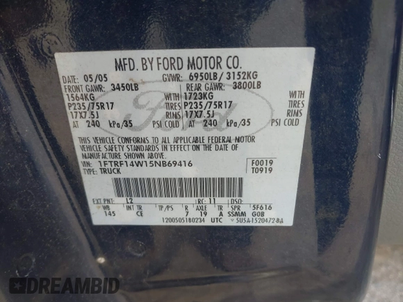 2005 Ford F-150 XL with VIN 1FTRF14W15NB69416, listed as a IAAI auction lot 42710228 with 120,154 mi miles and . Bid and sale history available at DreamBid. Image 9.