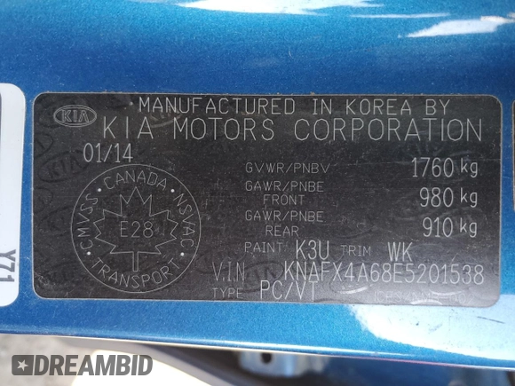 2014 Kia Forte LX with VIN KNAFX4A68E5201538, listed as a Copart auction lot 54534365 with 251,536 mi miles and Salvage Title. Bid and sale history available at carsss.com. Image 13.
