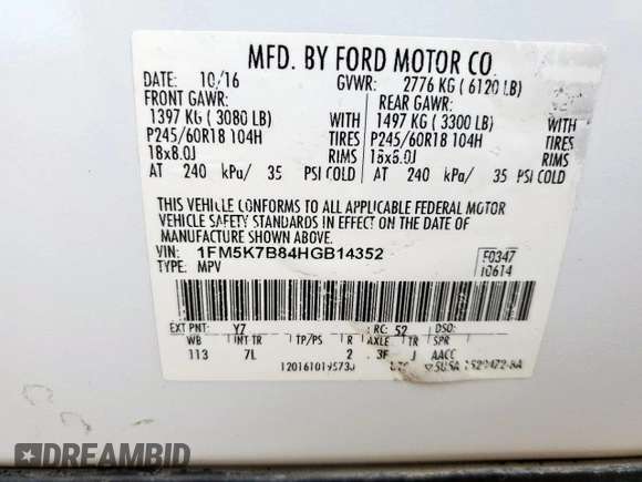 2017 Ford Explorer with VIN 1FM5K7B84HGB14352, listed as a Copart auction lot 59345215 with 120,878 mi miles and Salvage title. Bid and sale history available at DreamBid. Image 13.