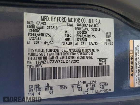 2002 Ford Explorer XLT с VIN 1FMZU73W72UD49202, выставлен на аукционе Copart как лот 56207925 с пробегом 136 747 миль миль и Чистый • Clean title. История ставок и продаж доступна на DreamBid. Изображение 13.