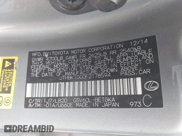 2015 Lexus ES 330 with VIN JTHBK1GG0F2178594, listed as a IAAI auction lot 41747729 with 150,123 mi miles and . Bid and sale history available at DreamBid. Image 9.