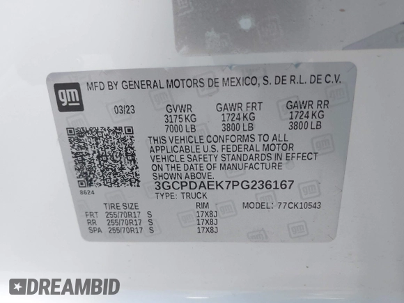 2023 Chevrolet Silverado 1500 with VIN 3GCPDAEK7PG236167, listed as a IAAI auction lot 41568306 with 21,659 mi miles and . Bid and sale history available at DreamBid. Image 9.