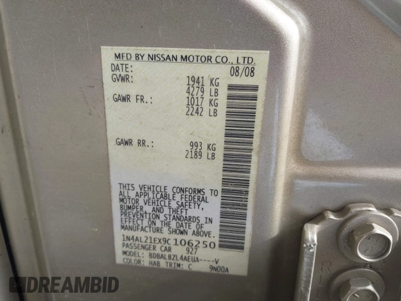 2009 Nissan Altima S with VIN 1N4AL21EX9C106250, listed as a IAAI auction lot 41715863 with 120,237 mi miles and . Bid and sale history available at DreamBid. Image 9.