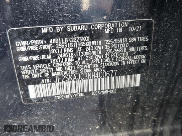 2022 Subaru Forester Sport with VIN JF2SKAJC3NH400677, listed as a Copart auction lot 50601685 with 63,918 mi miles and Salvage Title. Bid and sale history available at carsss.com. Image 14.