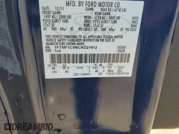 2012 Ford F-150 XL with VIN 1FTMF1CM6CKD21912, listed as a Copart auction lot 57227405 with 75,976 mi miles and Clean title. Bid and sale history available at DreamBid. Image 12.