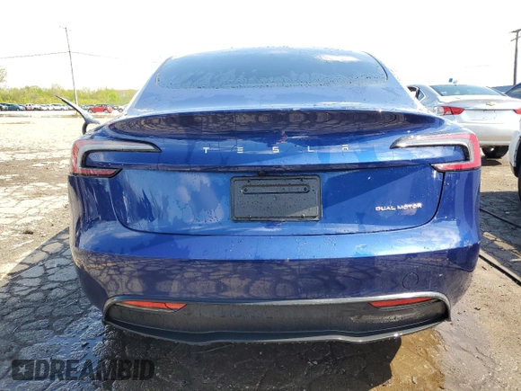 2025 Tesla Model 3 Long Range with VIN 5YJ3E1EB1SF950242, listed as a Copart auction lot 55609035 with 1,344 mi miles and Salvage title. Bid and sale history available at DreamBid. Image 6.