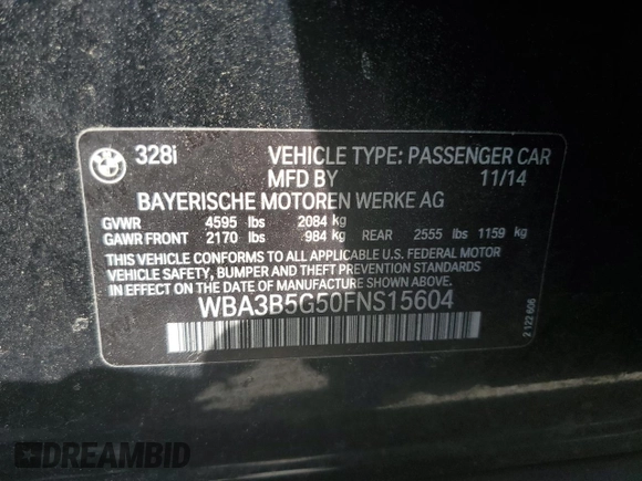 2015 BMW 3 Series 328i xDrive с VIN WBA3B5G50FNS15604, выставлен на аукционе Copart как лот 56861715 с пробегом 129 615 миль миль и Списание • Salvage title. История ставок и продаж доступна на DreamBid. Изображение 12.