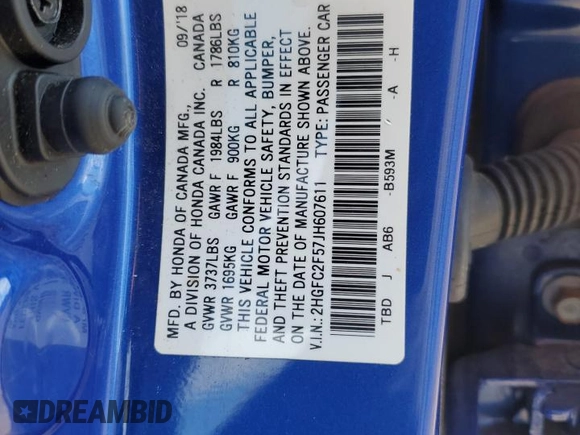 2018 Honda Civic LX with VIN 2HGFC2F57JH607611, listed as a Copart auction lot 56110745 with 39,572 mi miles and Salvage Title. Bid and sale history available at DreamBid. Image 12.