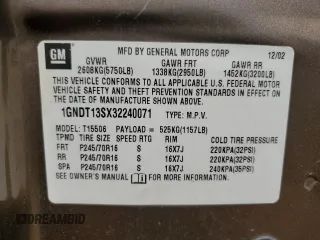 2003 Chevrolet TrailBlazer LS with VIN 1GNDT13SX32240071, listed as a Copart auction lot 52733205 with 193,683 mi miles and Salvage Title. Bid and sale history available at DreamBid. Image 13.