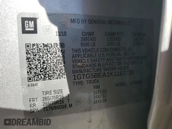 2019 GMC Canyon 2WD with VIN 1GTG5BEA1K1187730, listed as a Copart auction lot 77420574 with 103,127 mi miles and Salvage Title. Bid and sale history available at carsss.com. Image 14.