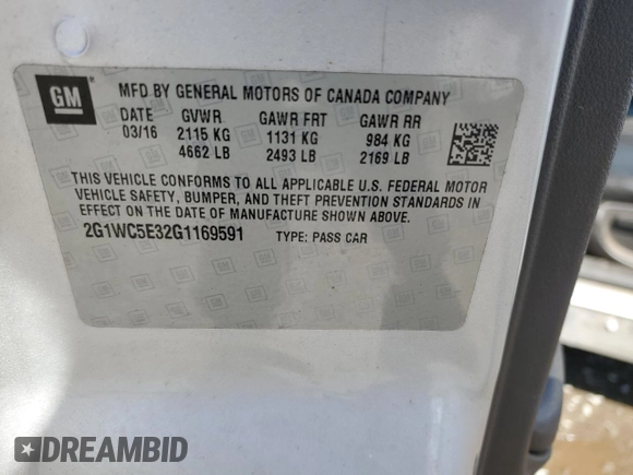 2016 Chevrolet Impala LTZ with VIN 2G1WC5E32G1169591, listed as a Copart auction lot 48752185 with 224,161 mi miles and Salvage Title. Bid and sale history available at DreamBid. Image 12.