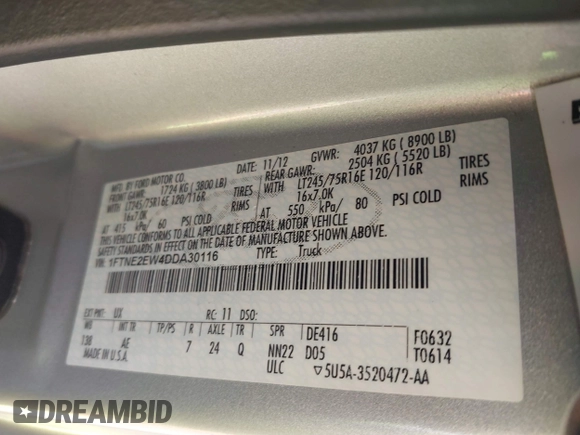 2013 Ford Econoline Cargo Commercial with VIN 1FTNE2EW4DDA30116, listed as a IAAI auction lot 42040770 with 88,468 mi miles and . Bid and sale history available at DreamBid. Image 9.