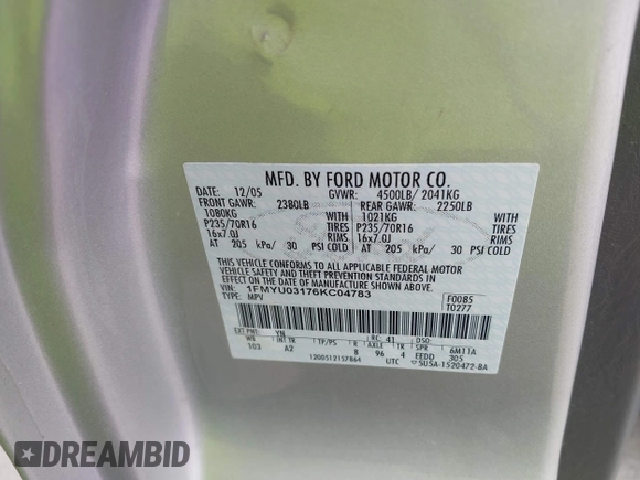 2006 Ford Escape XLT с VIN 1FMYU03176KC04783, выставлен на аукционе IAAI как лот 42464989 с пробегом 145 348 миль миль и . История ставок и продаж доступна на DreamBid. Изображение 9.