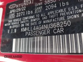 2022 Hyundai Elantra SE with VIN KMHLL4AG4NU368250, listed as a IAAI auction lot 41504739 with 12,059 mi miles and . Bid and sale history available at DreamBid. Image 9.