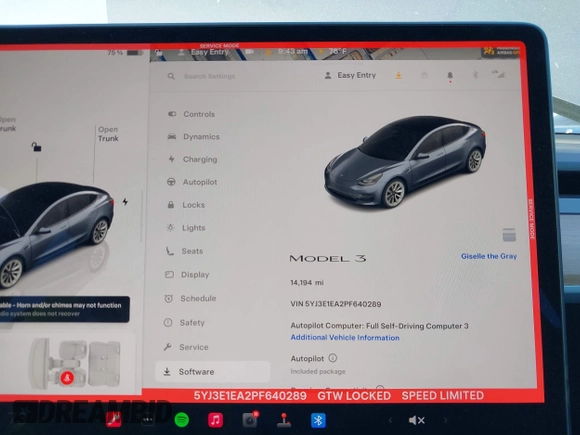 2023 Tesla Model 3 with VIN 5YJ3E1EA2PF640289, listed as a IAAI auction lot 42000200 with 14,194 mi miles and . Bid and sale history available at DreamBid. Image 7.