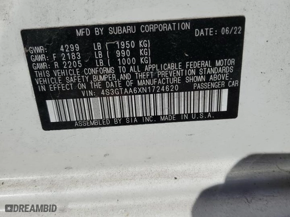 2022 Subaru Impreza with VIN 4S3GTAA6XN1724620, listed as a Copart auction lot 72901054 with 16,226 mi miles and Salvage Title. Bid and sale history available at carsss.com. Image 12.