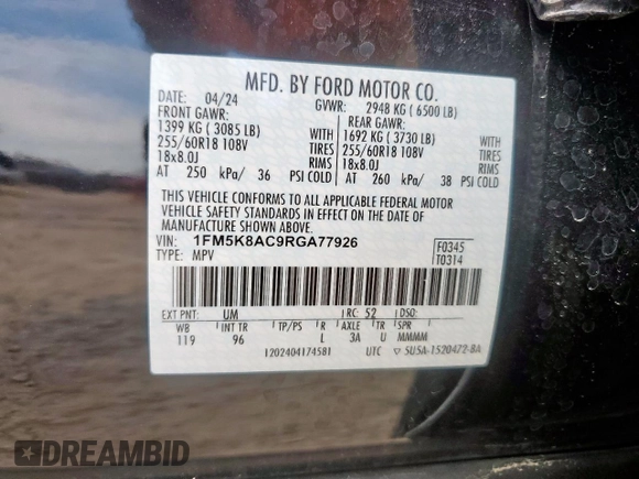 2024 Ford Explorer with VIN 1FM5K8AC9RGA77926, listed as a Copart auction lot 58482885 with 2,185 mi miles and Salvage title. Bid and sale history available at DreamBid. Image 14.
